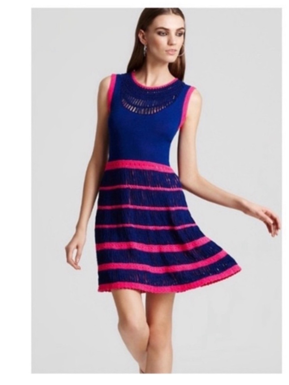 Nanette Lepore Navy and Hot Pink Striped Sleeveless Knit Dress